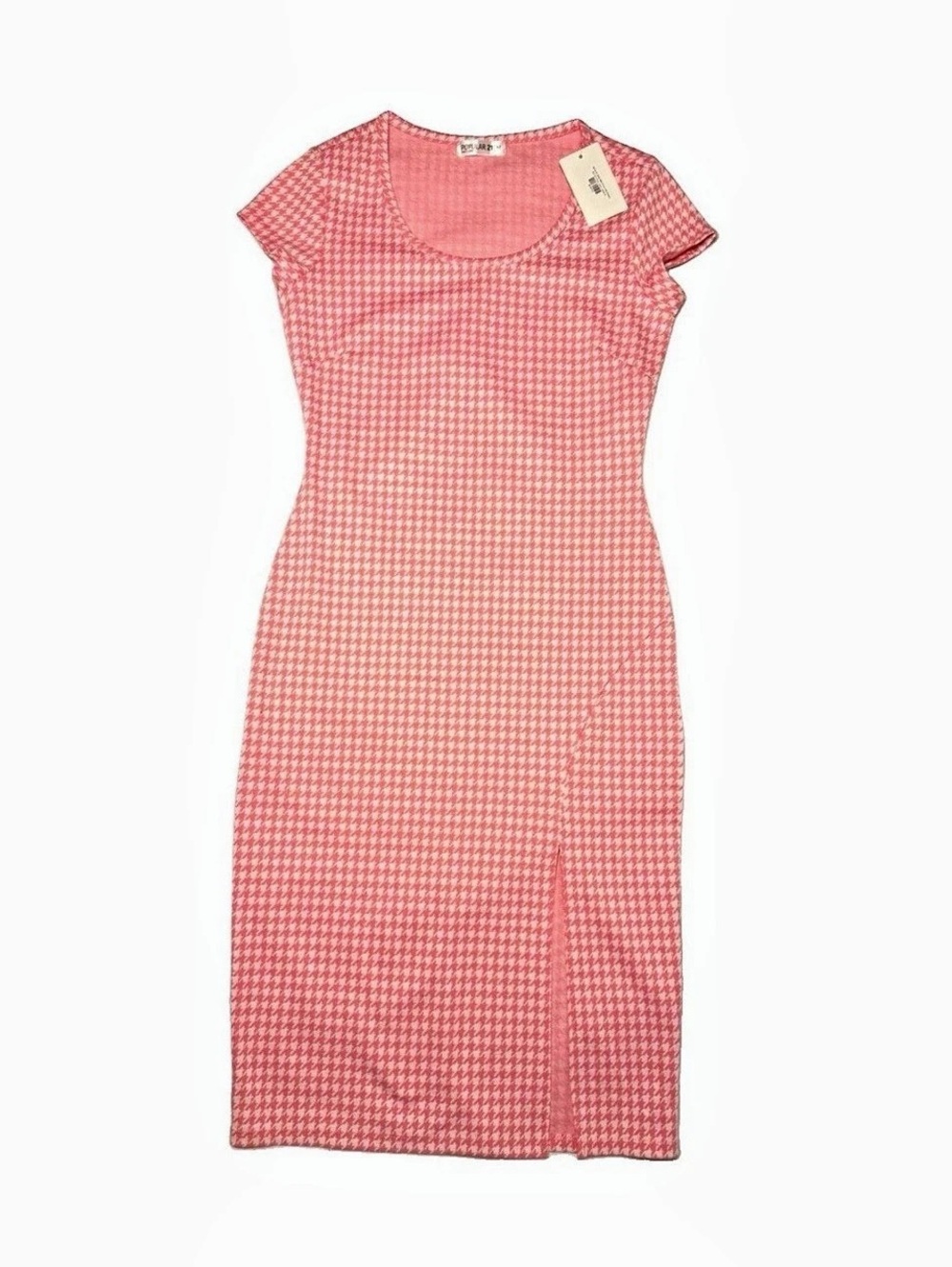 Popular 21 Pink Houndstooth Short Sleeve Slit Midi Dress Medium